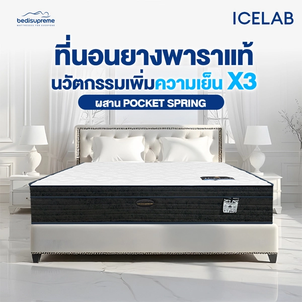 ที่นอนพ็อกเก็ตสปริง เสริมด้วย Cooling Memory Foam และ ยางพาราธรรมชาติ Latex 100% หุ้มด้วยผ้า Cotton Velour กันไรฝุ่น หนา 14.5 นิ้ว รุ่น ICELAB