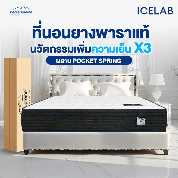 ที่นอนพ็อกเก็ตสปริง เสริมด้วย Cooling Memory Foam และ ยางพาราธรรมชาติ Latex 100% หุ้มด้วยผ้า Cotton Velour กันไรฝุ่น หนา 14.5 นิ้ว รุ่น ICELAB