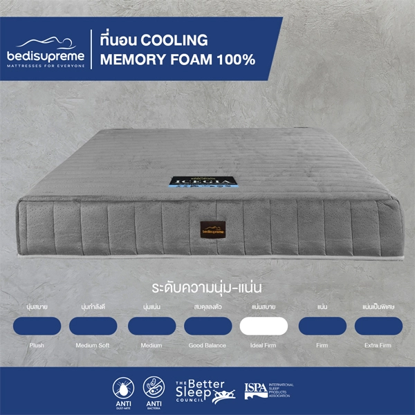 ที่นอน COOLING MEMORY FOAM 100% (Visco Elastic Foam) เสริมยางสังเคราะห์ หุ้มผ้า Cotton Velour กันไรฝุ่น รุ่น ICEGIA
