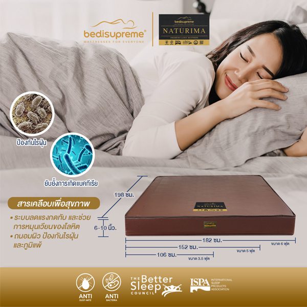 ที่นอนยางพาราแท้ 100% Natural Latex หุ้มด้วยหนัง PVC ป้องกันคราบสกปรก รุ่น Naturima